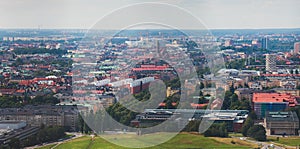 Beautiful super wide-angle panoramic aerial view of Stockholm. Sweden with harbor and skyline with scenery beyond the city