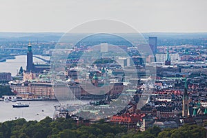 Beautiful super wide-angle panoramic aerial view of Stockholm. Sweden with harbor and skyline with scenery beyond the city