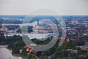 Beautiful super wide-angle panoramic aerial view of Stockholm. Sweden with harbor and skyline with scenery beyond the city