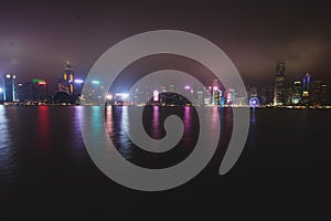 Beautiful super wide-angle summer aerial view of Hong Kong island skyline, Victoria Bay harbor, with skyscrapers, blue sky