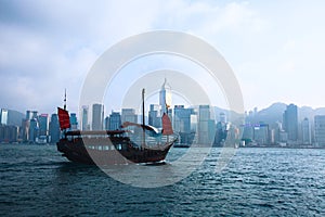 Beautiful super wide-angle summer aerial view of Hong Kong island skyline, Victoria Bay harbor, with skyscrapers, blue sky