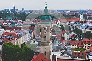 Beautiful super wide-angle sunny aerial view of Munich, Bayern, Bavaria, Germany with skyline and scenery beyond the city, seen fr