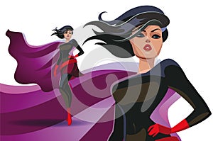Beautiful superwoman in a pride pose suit. Vector illustration