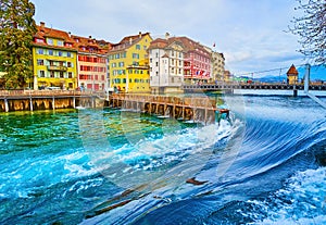 Beautiful surface of Reuss river at Needle Dam in Altstadt of Lucerne, Switzerland