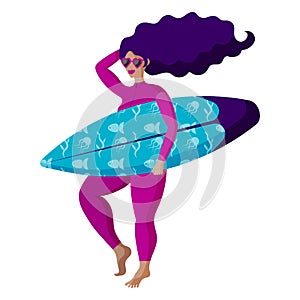 Beautiful surfer girl in pink wetsuit holding surfboard