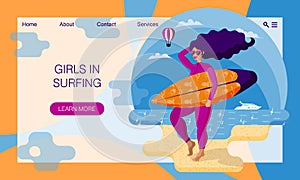 Beautiful surfer girl in pink wetsuit holding surfboard on the beach. Concept of website, landing page design template