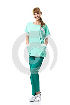 Beautiful surgeon portrait in green dress photo