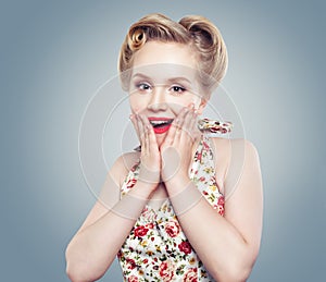 Beautiful surprised woman. Cute smile, perfect makeup and retro