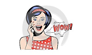 Beautiful surprised woman saying WOW, excited girl in retro pop art style vector Illustration on a white background