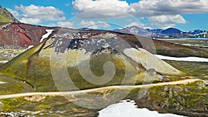 Beautiful surreal icelandic natur landscape, colorful volcano crater, blue summer sky fluffy white clouds - Iceland, Kerid