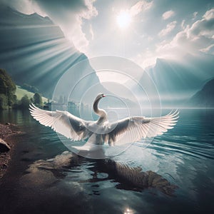 Beautiful swan stretches wings at misty lake