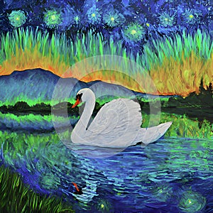 A beautiful swan swimming on a lake, magical elements arounds, mountain, lights, Van Gogh, painting art