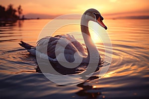 Beautiful swan swimming on a lake at sunset, a stunning seascape