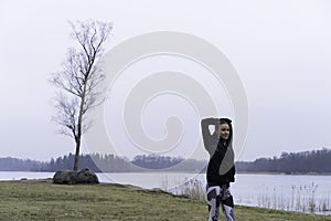 Beautiful Swedish caucasian fitness teen outdoor in winter landscape