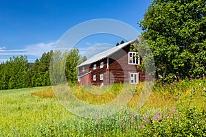 Beautiful swedish scandinavian rural summer view of an old traditional red rustic wooden timber house. Green field with trees and