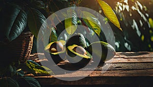 Beautiful sweet avocadoes on a wooden table in the garden