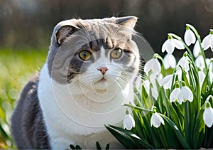 A beautiful sweet gray cat enjoys sniffing white lilies of the valley. A clear, sunny day. Warm spring weather. Portrait