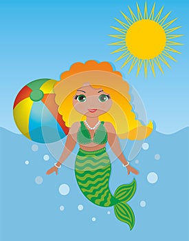 Beautiful and sweet mermaid swimming in sea with a ball. Vector illustration.