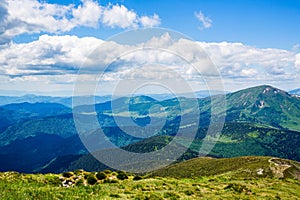 Beautiful swiss alps. Amazing mountain view with high peaks, green hills and clouds low in the valley. Landscape in