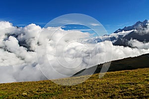 Beautiful Swiss Alps landscape with mountain in clouds view in summer, Zermatt, Switzerland