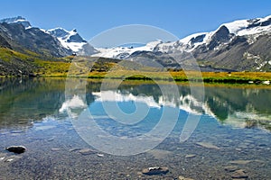 Beautiful Swiss Alps landscape with Stellisee lake and Matterhorn mountain reflection in water, summer mountains view, Zermatt