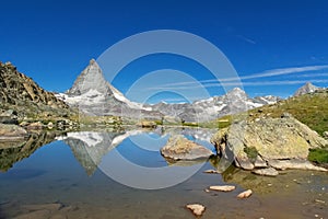 Beautiful Swiss Alps landscape with Stellisee lake and Matterhorn mountain reflection in water, Zermatt, Switzerland