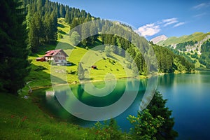 beautiful swiss landscape with house, lake, mountains and pine trees, AI generative