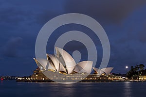 The beautiful Sydney Opera House lit by the blue hour light, Australia