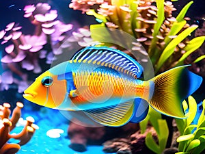 Beautiful symbiosis of group of fishes in coral reef aquarium tank, Ai generated