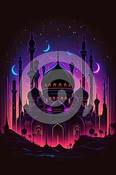 Beautiful synthwave scenery, mosque, ramadan, eid, islamic architecture, purple blue red orange, bright neon colors on a black