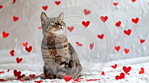 Beautiful tabby cat with red hearts on a white background.