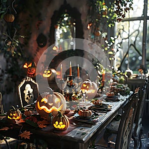 A beautiful table decoration for Halloween generated by artificial intelligence