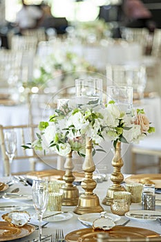 Beautiful table decorations for dinner at a wedding reception