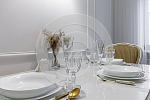 Beautiful table set for an event party or wedding reception . restaurant interior