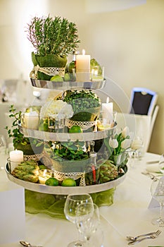 Beautiful table set for green wedding or event party, indoors,