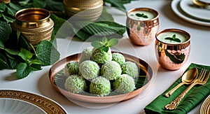 A table setting with green coconut balls, copper cups, and gold utensils on white surface