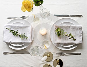 beautiful table setting for romantic dinner for two, top view