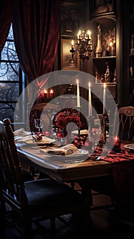 A beautiful tables and chair with candle lights in the room for Thanksgiving dinner. Private dining