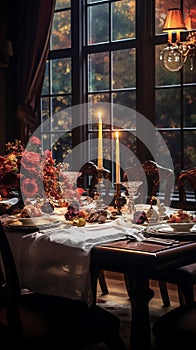 A beautiful tables and chair with candle lights in the room for Thanksgiving dinner. Private dining