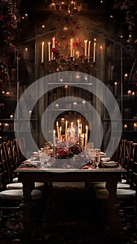 A beautiful tables and chair with candle lights in the room for Thanksgiving dinner. Private dining
