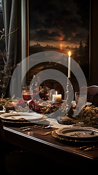 A beautiful tables and chair with candle lights in the room for Thanksgiving dinner. Private dining