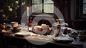 A beautiful tables and chair with candle lights in the room for Thanksgiving dinner. Private dining