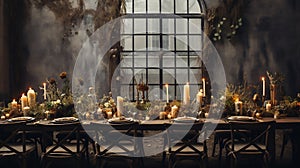 A beautiful tables and chair with candle lights in the room for Thanksgiving dinner. Private dining