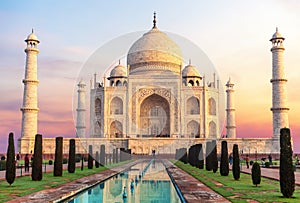 Beautiful Taj Mahal at sunrise and its reflection, India, Agra