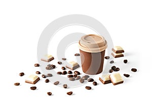 Beautiful takeaway cup made of chocolate with coffee beans and chocolate pieces spilled on isolated white background. Abstract