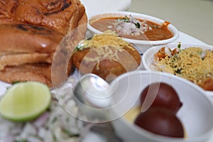 Beautiful and Tasty Pav Bhaji and Gulab Jamun. Favorite Indian Food.