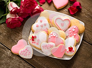 Beautiful tasty valentine day cookies on plate and roses