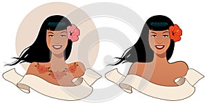 Beautiful and tattooed pinup girl in retro style, wearing flower in her hair and blank text banner on white background