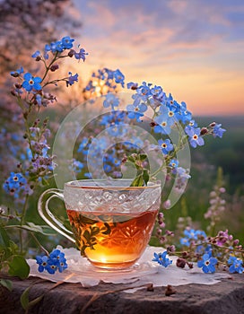 Beautiful teatime outdoors, small teaglass with evening sun and small blue flowers with copy space photo
