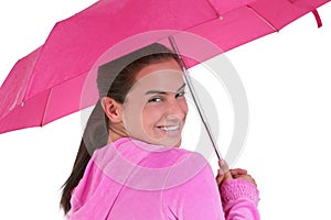 Beautiful Teen With Braces Under A Pink Umbrella